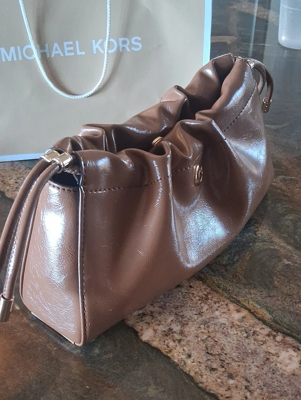 Michael Kors Matilda Cognac Leather Ruched Shoulder Bag with Gold Hardware